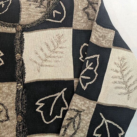 Fiberworks Hand Embroidered Brown Leaves Knit Cardigan Sweater Button M Black - Picture 3 of 15